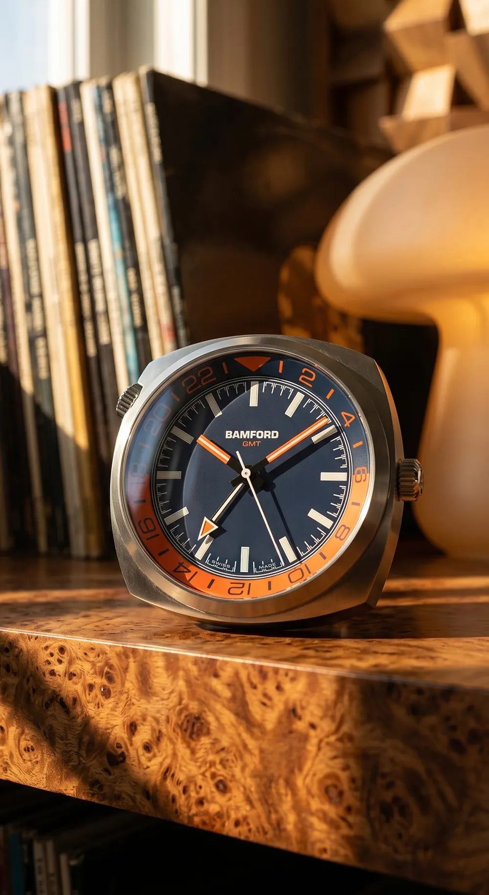 Bamford GMT Desk Clock – Navy & Orange