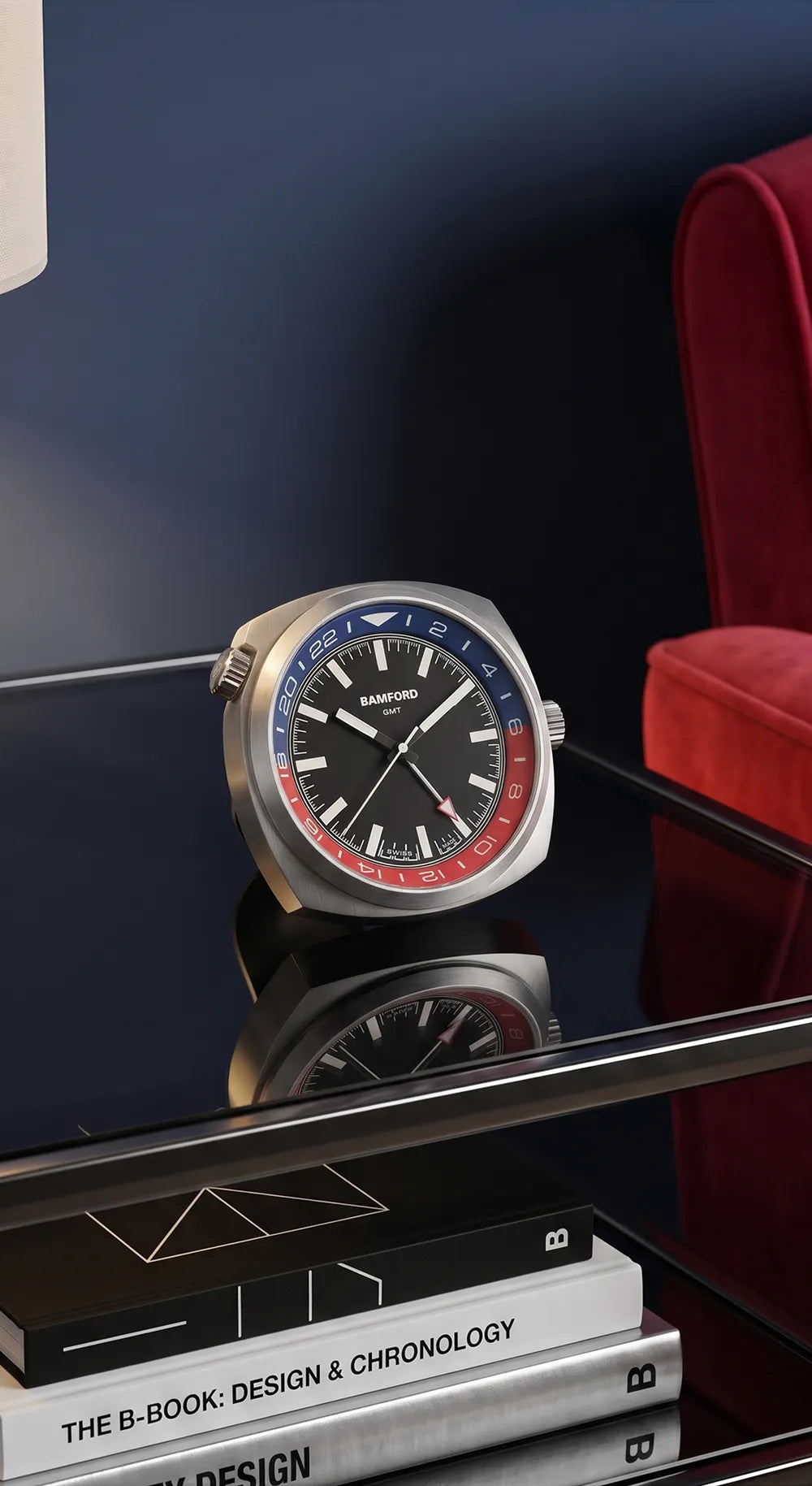Bamford GMT Desk Clock – Heritage (Blue & Red)