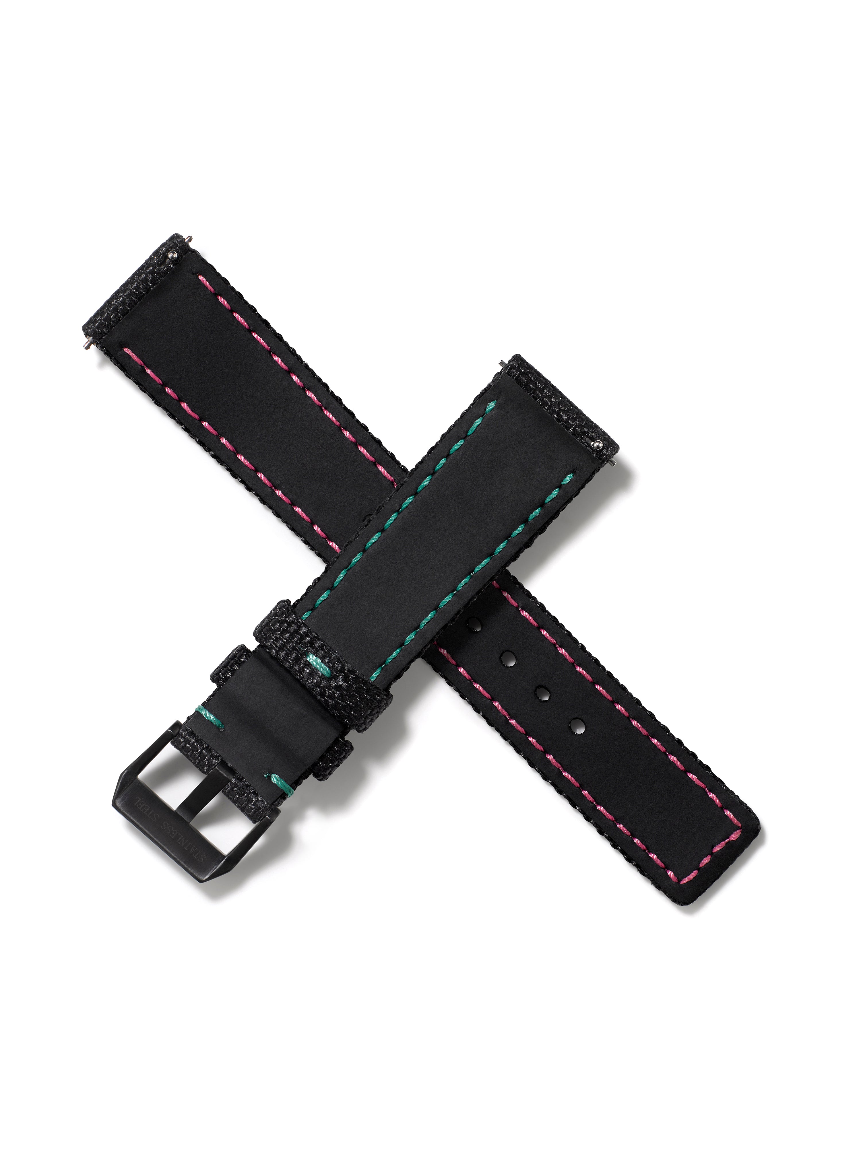 20mm Cordura Strap - Black with Green/Pink Stitch