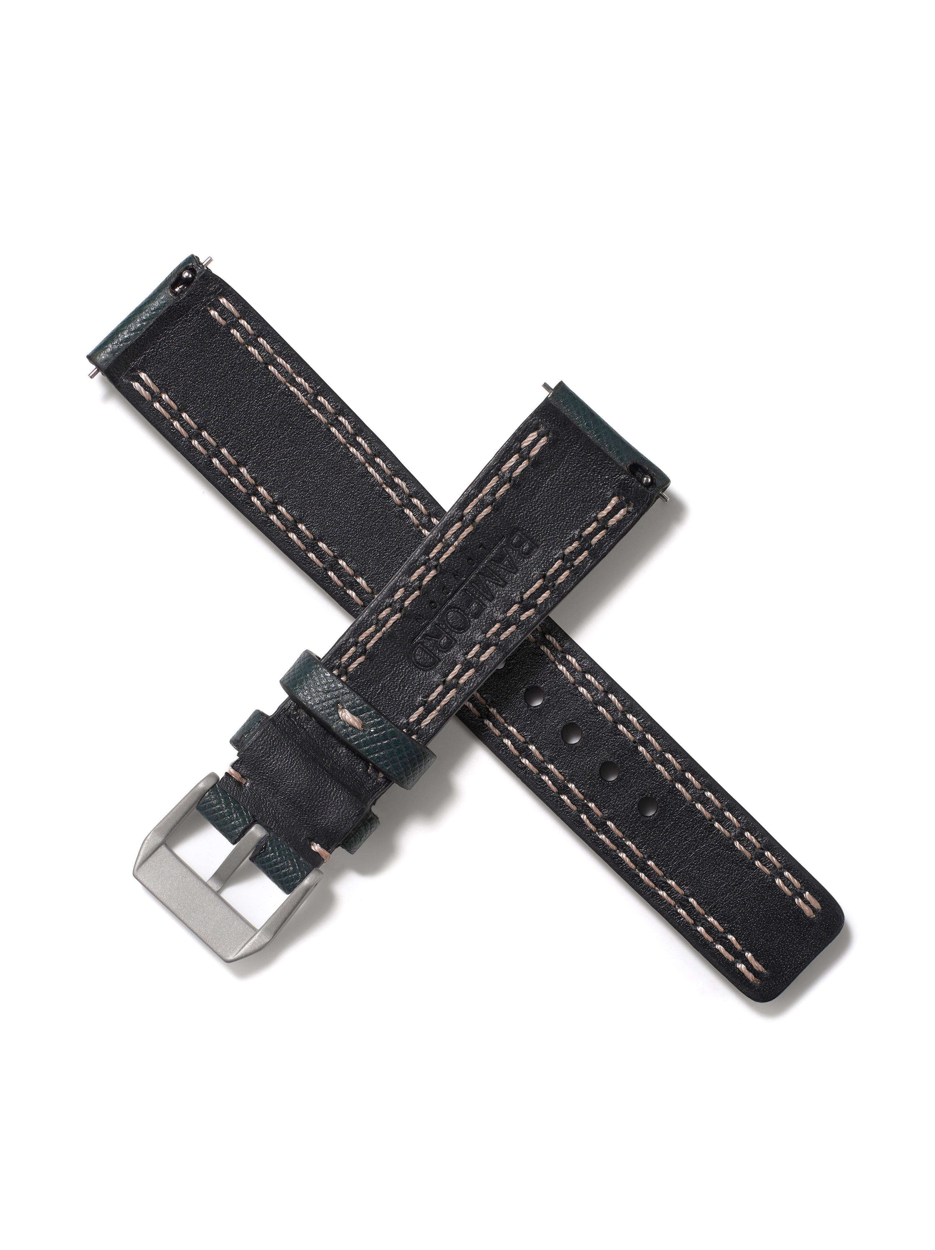 20mm Leather Strap - Dark Green with Beige Stitch