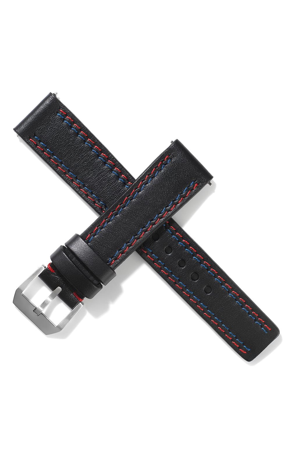20mm Leather Strap - Black with Red Stitch