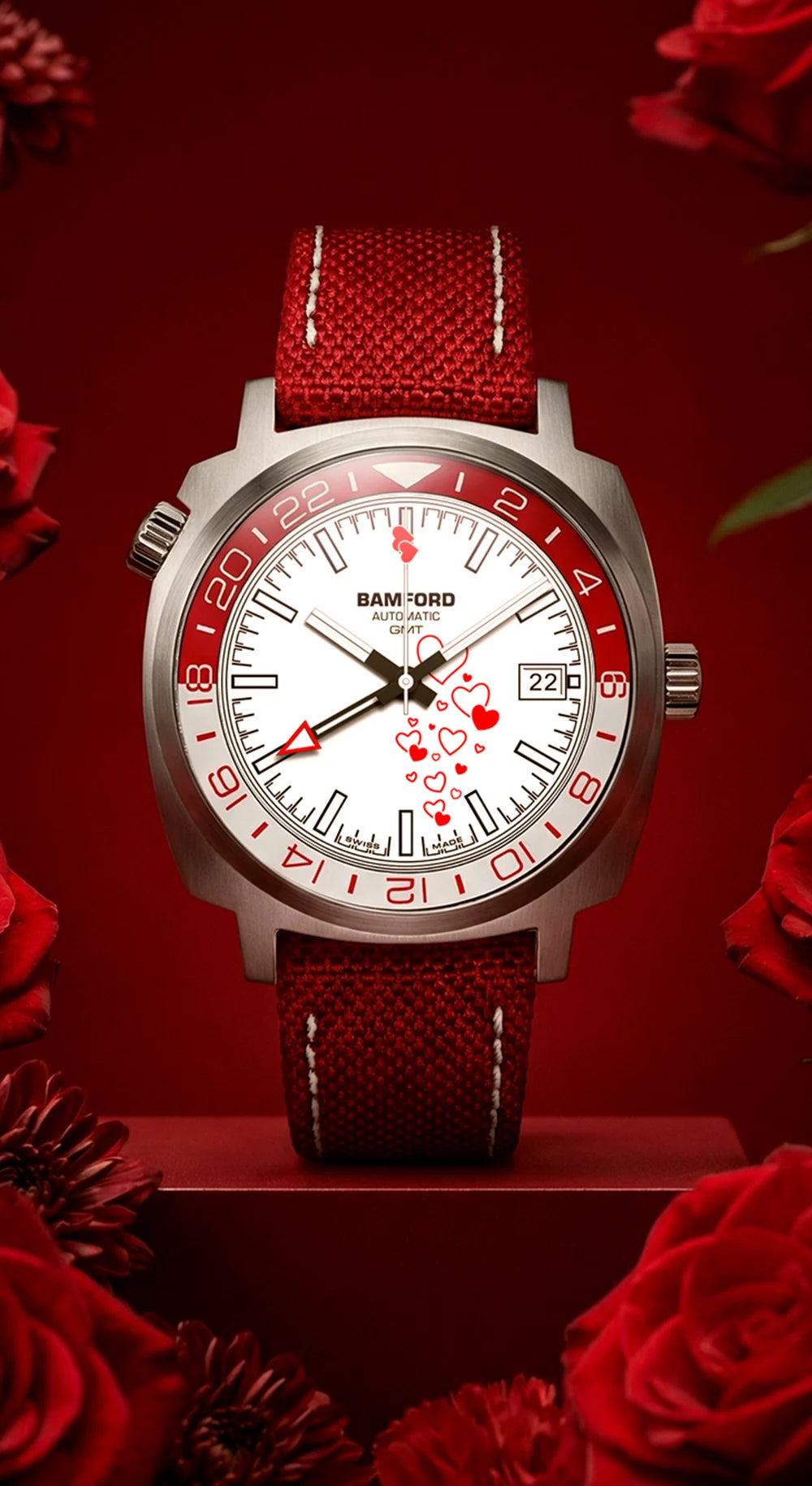 GMT Valentine Edition — White Dial & Red Cordura strap