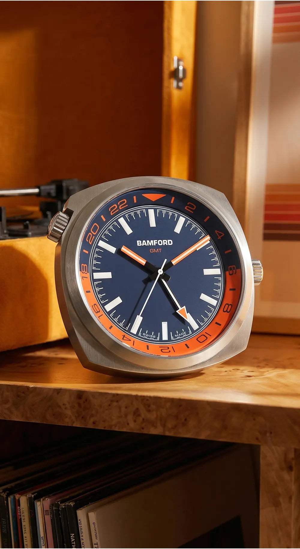 Bamford GMT Desk Clock – Navy & Orange